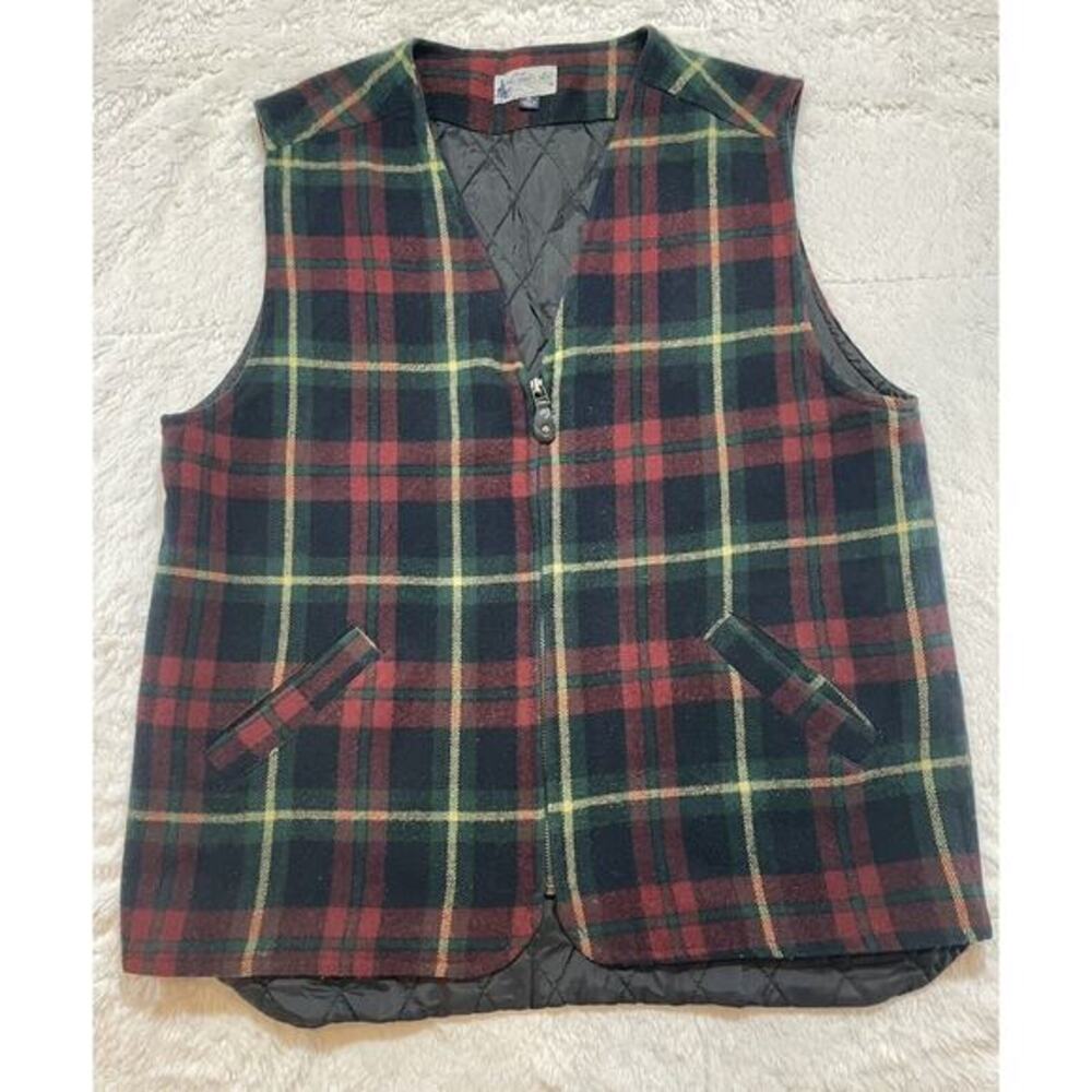 Mens Vintage County Seat XL Plaid Quilted Vest Zipper Pockets Outdoor